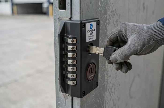 Serrure multipoints certifiée A2P installée sur une porte principale d'entrepôt industriel, testée par un serrurier professionnel