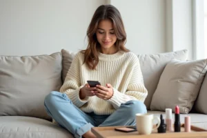 Jeune femme faisant du shopping beauté en ligne sur son smartphone, entourée de produits cosmétiques tendance sur une table basse