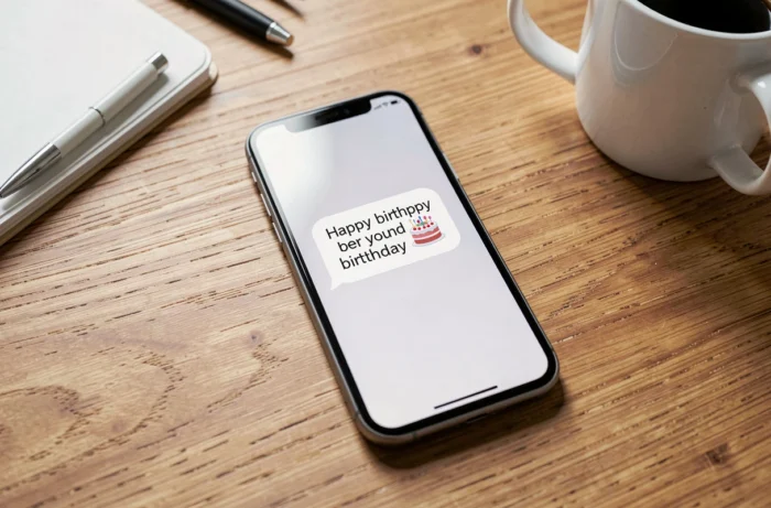 Smartphone sur un bureau en bois affichant un message d'anniversaire court et humoristique