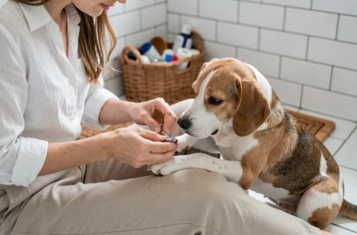 Jeune femme effectuant la coupe des griffes de son beagle dans la salle de bain, entretien et soins hygiéniques du chien