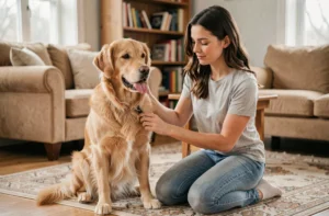 Femme brossant son golden retriever dans un salon chaleureux, soin quotidien du pelage du chien