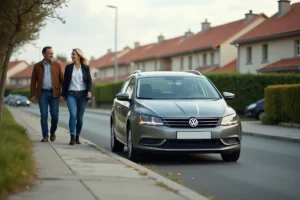 Voiture garée sur le trottoir d'un lotissement pavillonnaire, gênant le passage des piétons
