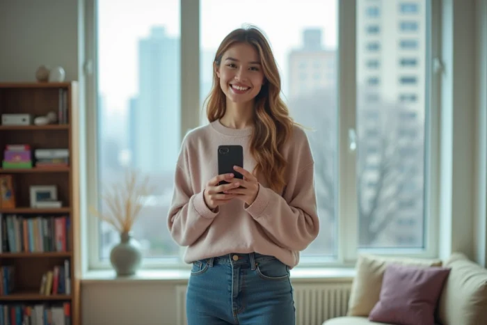 Streameuse Twitch souriante tenant un smartphone dans un appartement moderne avec vue urbaine en arrière-plan