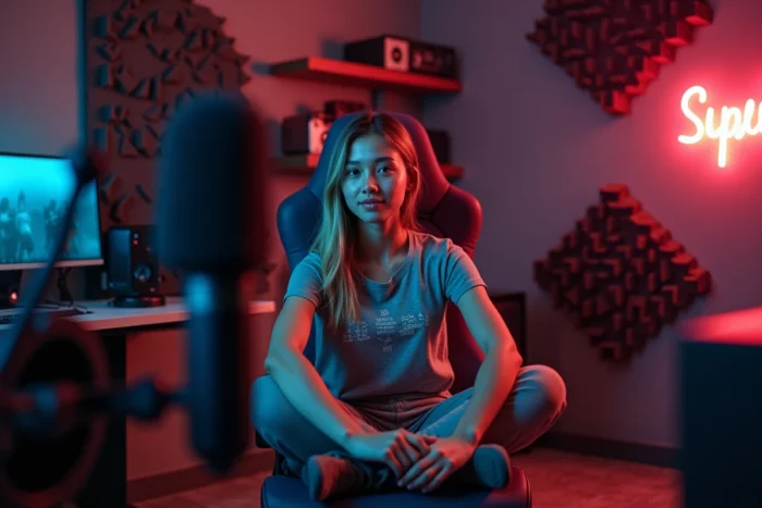 Streameuse Twitch en pleine session diffusion dans une salle de streaming professionnelle avec micro, panneaux acoustiques et néon personnalisé