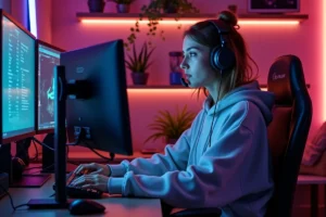Jeune streameuse Twitch assise devant son setup gaming professionnel dans un studio à domicile cosy avec décorations RGB