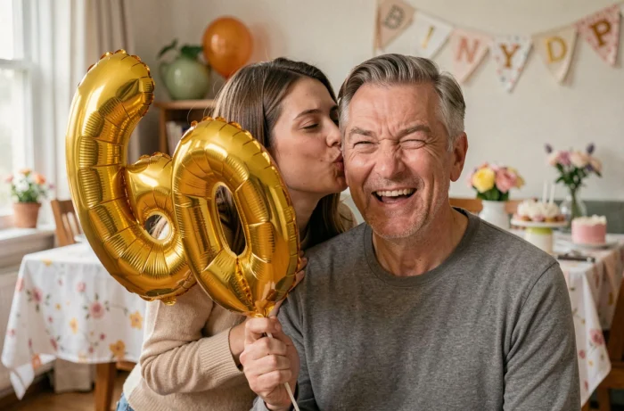 Fille adulte taquinant affectueusement son père sexagénaire tenant un ballon '60' dans le salon familial