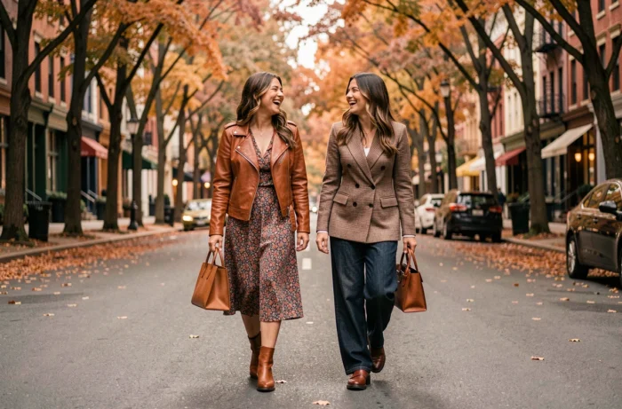 Deux femmes stylées aux tenues tendance automne se promenant dans une avenue arborée, looks mode saison avec veste en cuir et blazer à carreaux