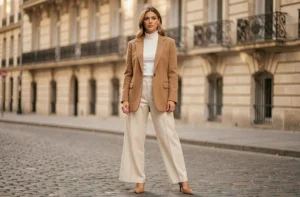 Femme élégante portant un blazer camel oversize et un pantalon large ivoire dans une rue parisienne pavée, tendances mode automne
