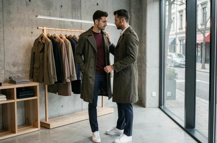 Homme tendance en trench-coat kaki et pull bordeaux dans une boutique de mode minimaliste, style editorial masculin saison automne-hiver
