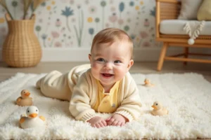 Bébé de 6 mois habillé d'un body en coton jaune pastel et d'un cardigan tricoté crème avec jouets en bois dans une chambre de bébé cosy