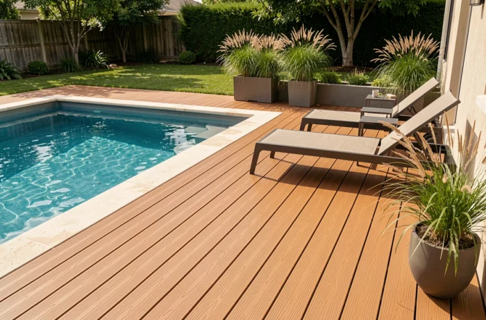 Terrasse en bois composite basse maintenance autour d'une piscine extérieure, lames uniformes teintées teck avec transats et végétation en pot