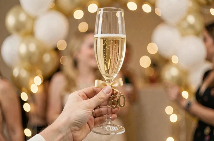 Flûte de champagne levée en toast avec un charm doré '60' lors d'une fête d'anniversaire