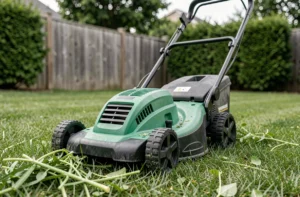 Tondeuse électrique Teccpo TDLM01G posée sur une pelouse fraîchement tondue dans un jardin résidentiel