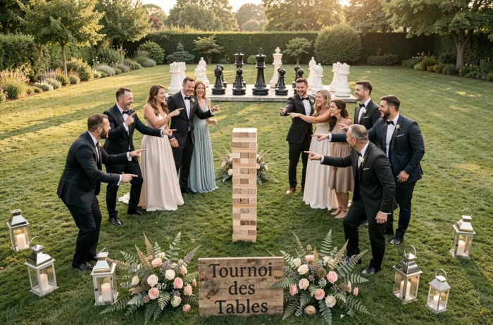 Invités du mariage en tenue formelle jouant à des jeux de société géants sur une pelouse verte lors d'un tournoi en extérieur