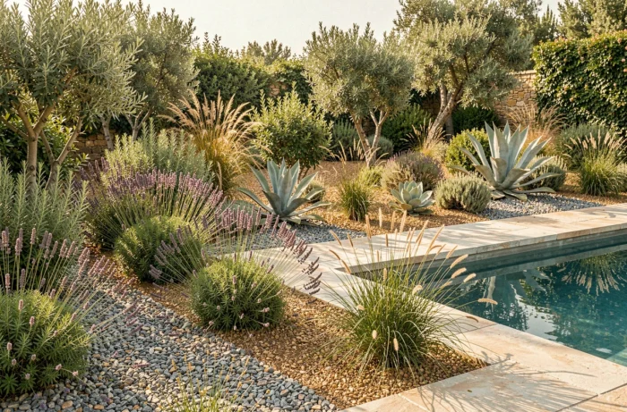 Végétalisation méditerranéenne économe en eau autour d'une piscine extérieure, lavande, agave et graminées ornementales en massifs de gravier