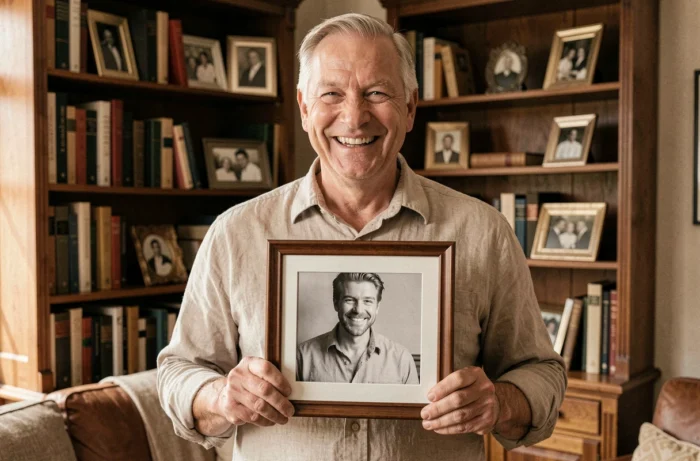 Homme de soixante ans tenant une vieille photo de lui jeune avec un sourire amusé dans un salon vintage