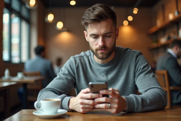Homme effectuant un virement bancaire sécurisé via une application mobile dans un café urbain