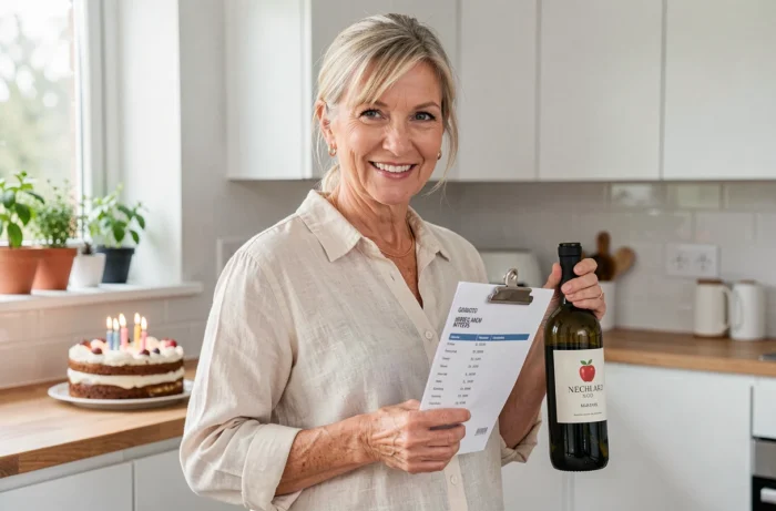 Femme sexagénaire tenant une liste et une bouteille de vin dans sa cuisine avec un gâteau en arrière-plan