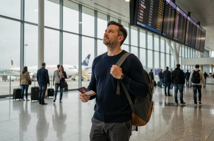 Voyageur en transit dans un aéroport international consultant le tableau des départs pour son tour du monde