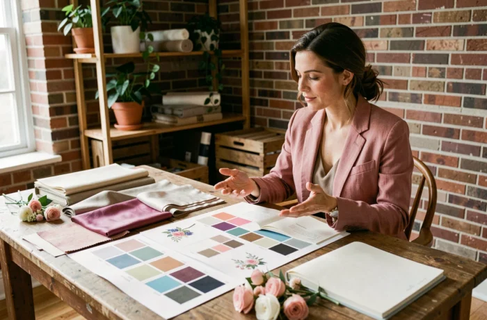 Wedding planner organisant les détails d'un mariage personnalisé avec des échantillons de tissu et des planches d'inspiration